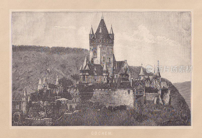 莱茵兰-普法尔茨的Reichsburg Cochem，德国，木版画，出版于1894年